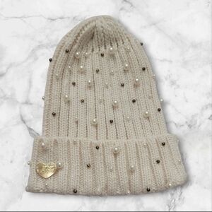 Betsey Johnson Off White Fuzzy Beanie, black & white Faux Pearls
